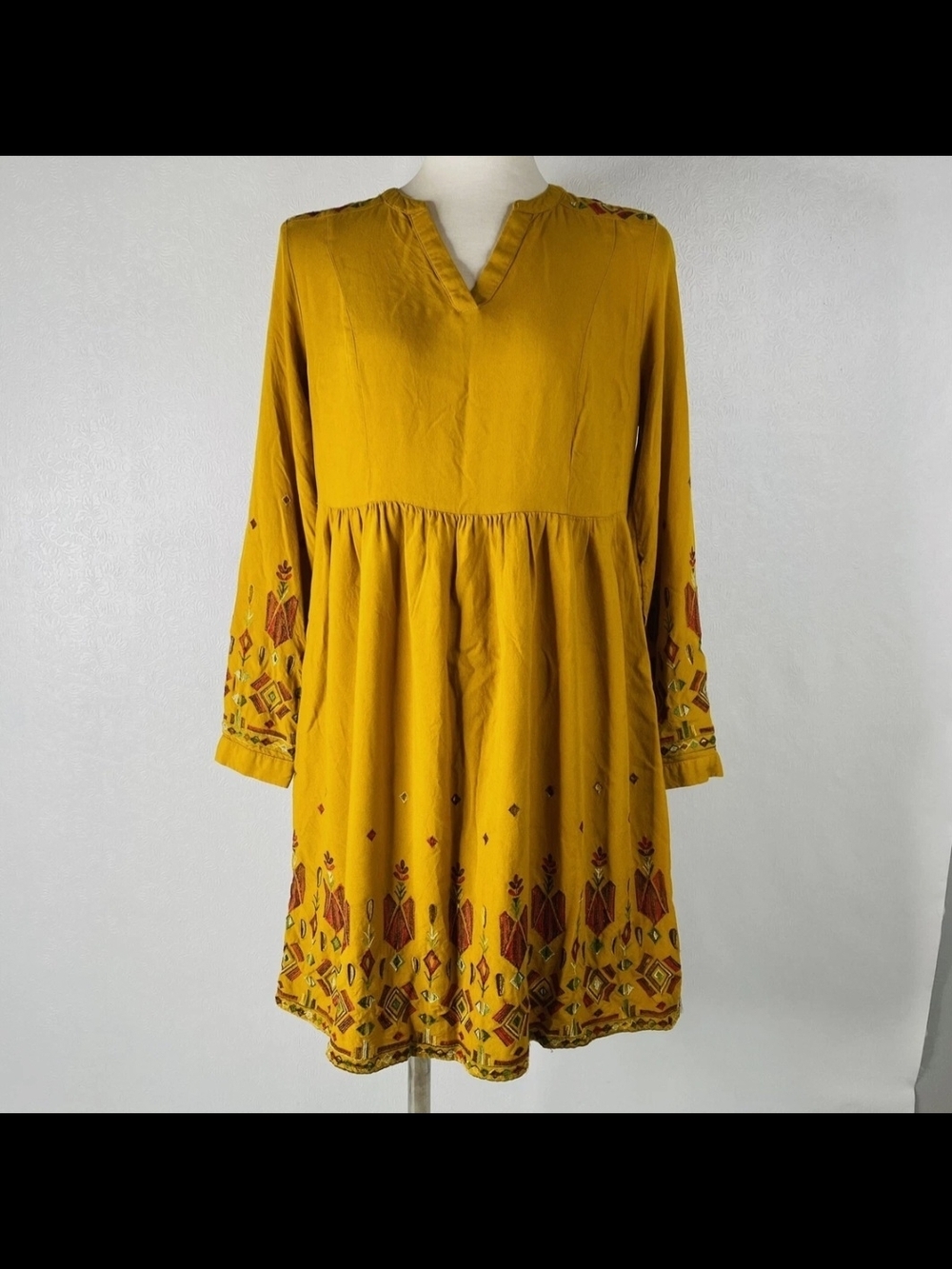 Mustard Yellow Embroidered Boho Tunic Dress